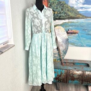 Jenn. Mint,Semi-Sheer Floral Shirt Dress Tie Waist Button Front Breezy, Size S